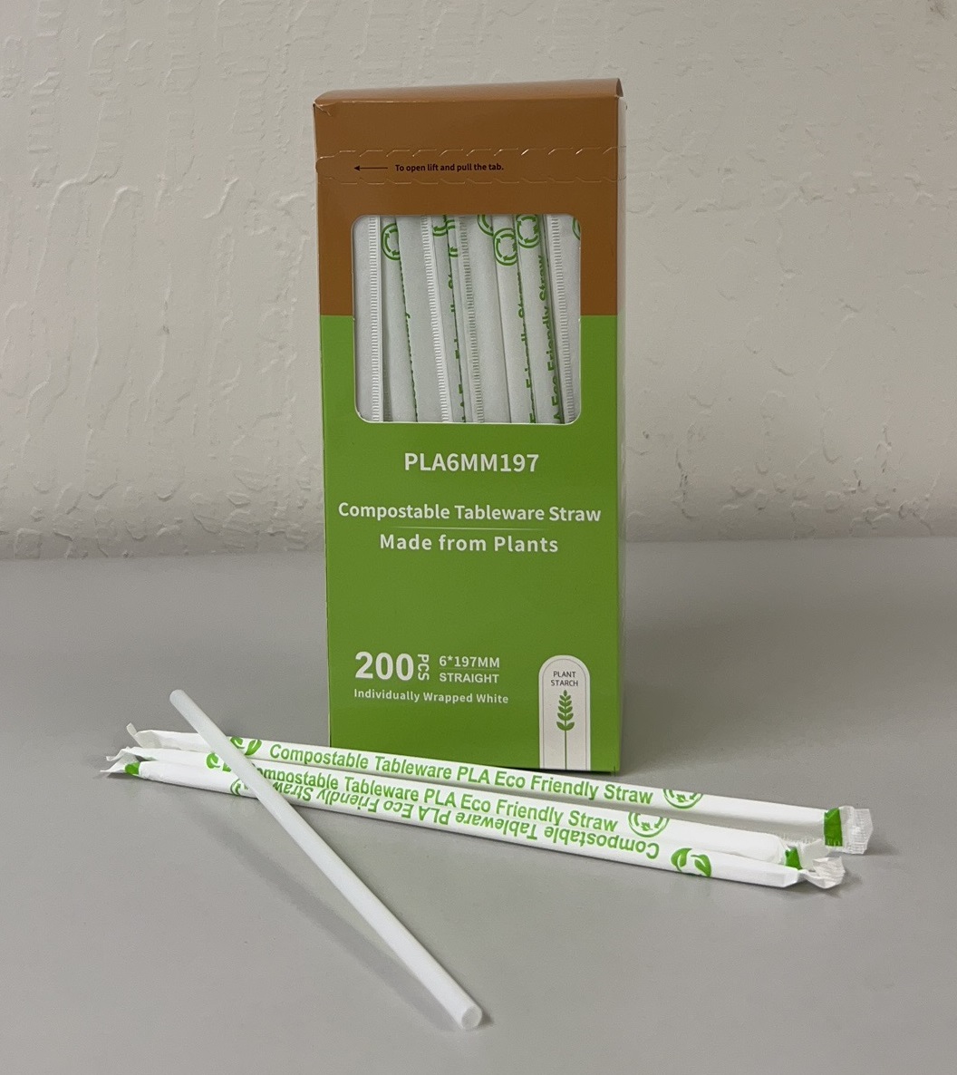 PLA6MM197, 7.75&quot; JUMBO PLA
PLASTIC STRAWS WITH
INDIVIDUALLY PAPER WRAPPED, ,
COMPOSTABLE, 200/BOX, 20BOX/CS