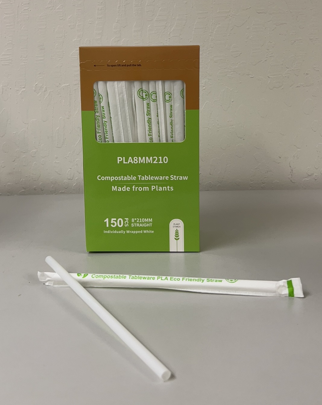 PLA8MM210, 8.27&quot; GIANT PLA
PLASTIC STRAWS  WITH
INDIVIDUALLY PAPER WRAPPED,
COMPOSTABLE,  150/BOX,
20BOX/CS